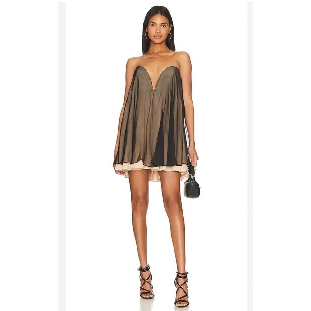 NWT NBD Breeta Strapless Chiffon Mini Dress Black Nude XS